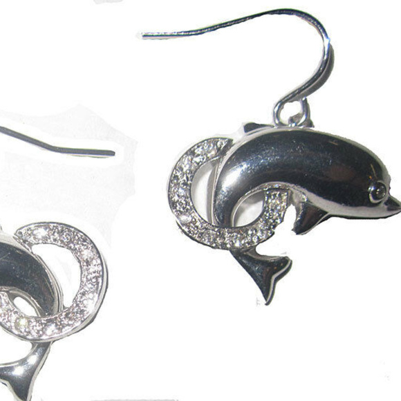 Dolphin earring white CZ fish; quality jewelry NWT - Picture 2 of 2